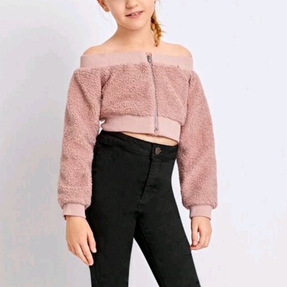 SHEIN Girls Off Shoulder Zip Up Teddy Jacket - Picture 3 of 5